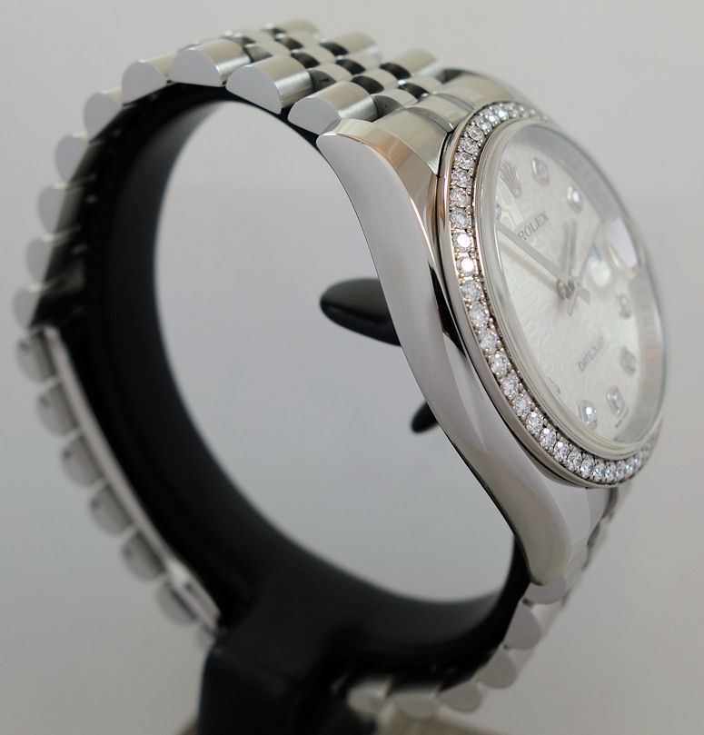 DSC06546 Rolex Datejust 36 Factory Silver Diamond-Dial & Factory Diamond Bezel 116244 Box & Card