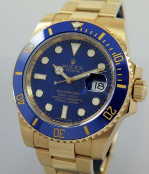 ROLEX Submariner 18k Yellow-Gold  Rare Matt Blue Dial 116618 LB  Box & Card Collectors Quality As New.