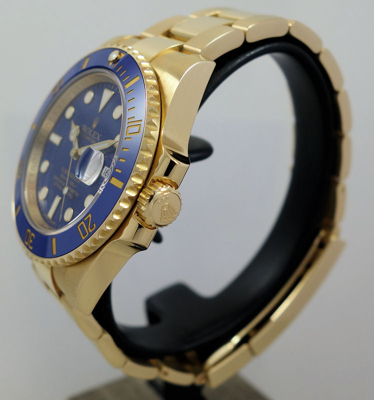 DSC08403 ROLEX Submariner 18k Yellow-Gold Rare Matt Blue Dial 116618 LB Box & Card Collectors Quality As New.