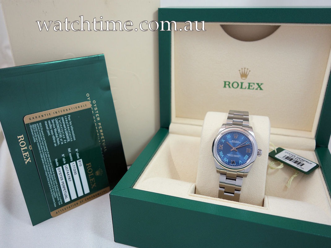 DSC08617 ROLEX Oyster Perpetual 31, RARE Blue Roman dial 177200 Box & Card
