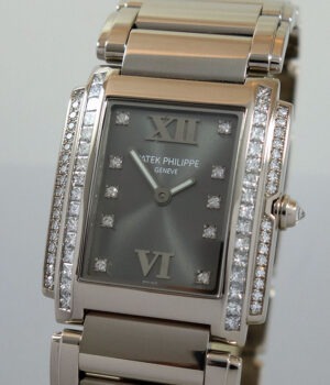 Ladies Patek Philippe Twenty~4  Solid 18k White Gold & Diamonds 4910/20G-010 Box & Papers.