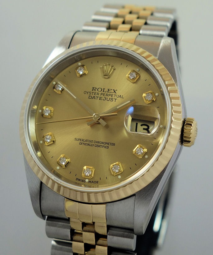 DSC09001 Rolex Datejust 36 Champagne Diamond dial 18k & Steel 16233