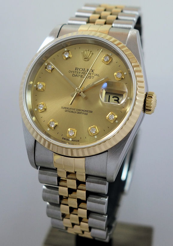 DSC09005 Rolex Datejust 36 Champagne Diamond dial 18k & Steel 16233