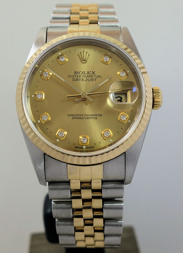 DSC09006 Rolex Datejust 36 Champagne Diamond dial 18k & Steel 16233