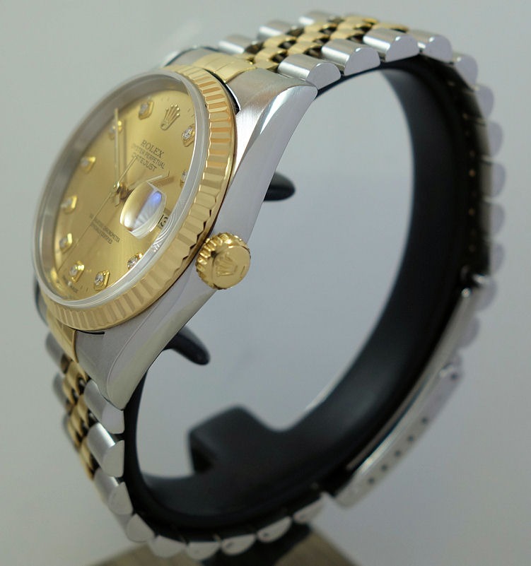 DSC09010 Rolex Datejust 36 Champagne Diamond dial 18k & Steel 16233