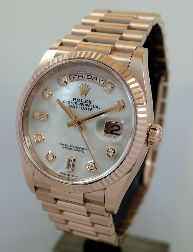 DSC09449_main ROLEX Day-Date 36mm 18ct EVEROSE Mother-of-Pearl Diamond dial 128235 Box & Card