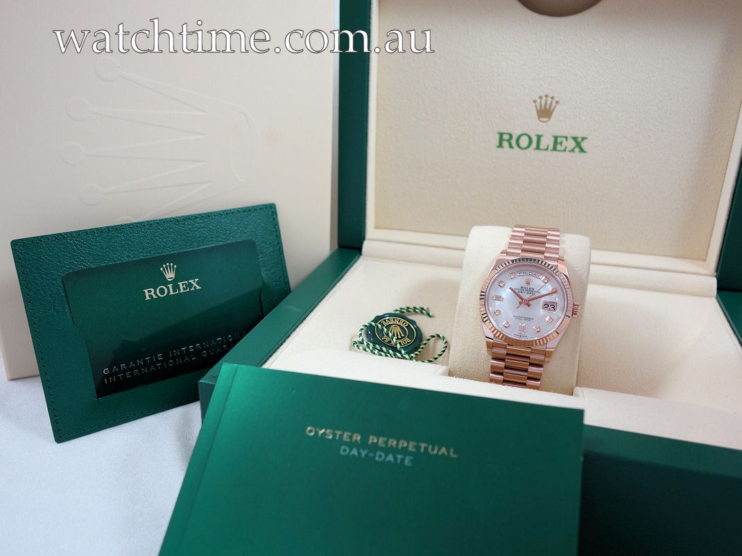 DSC09473 ROLEX Day-Date 36mm 18ct EVEROSE Mother-of-Pearl Diamond dial 128235 Box & Card